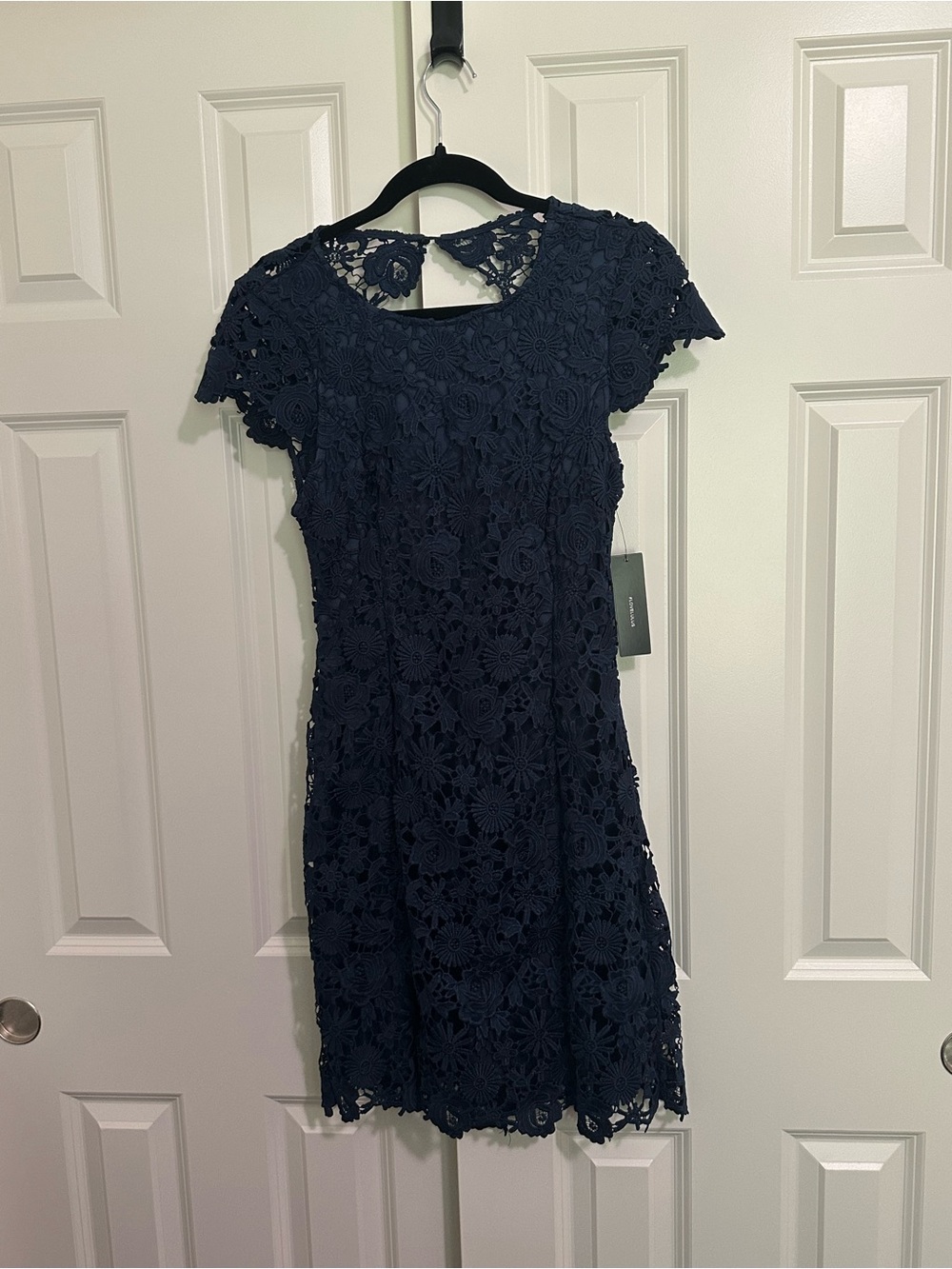 Lulu's Navy Crochet Floral Backless Short Sleeve Dress